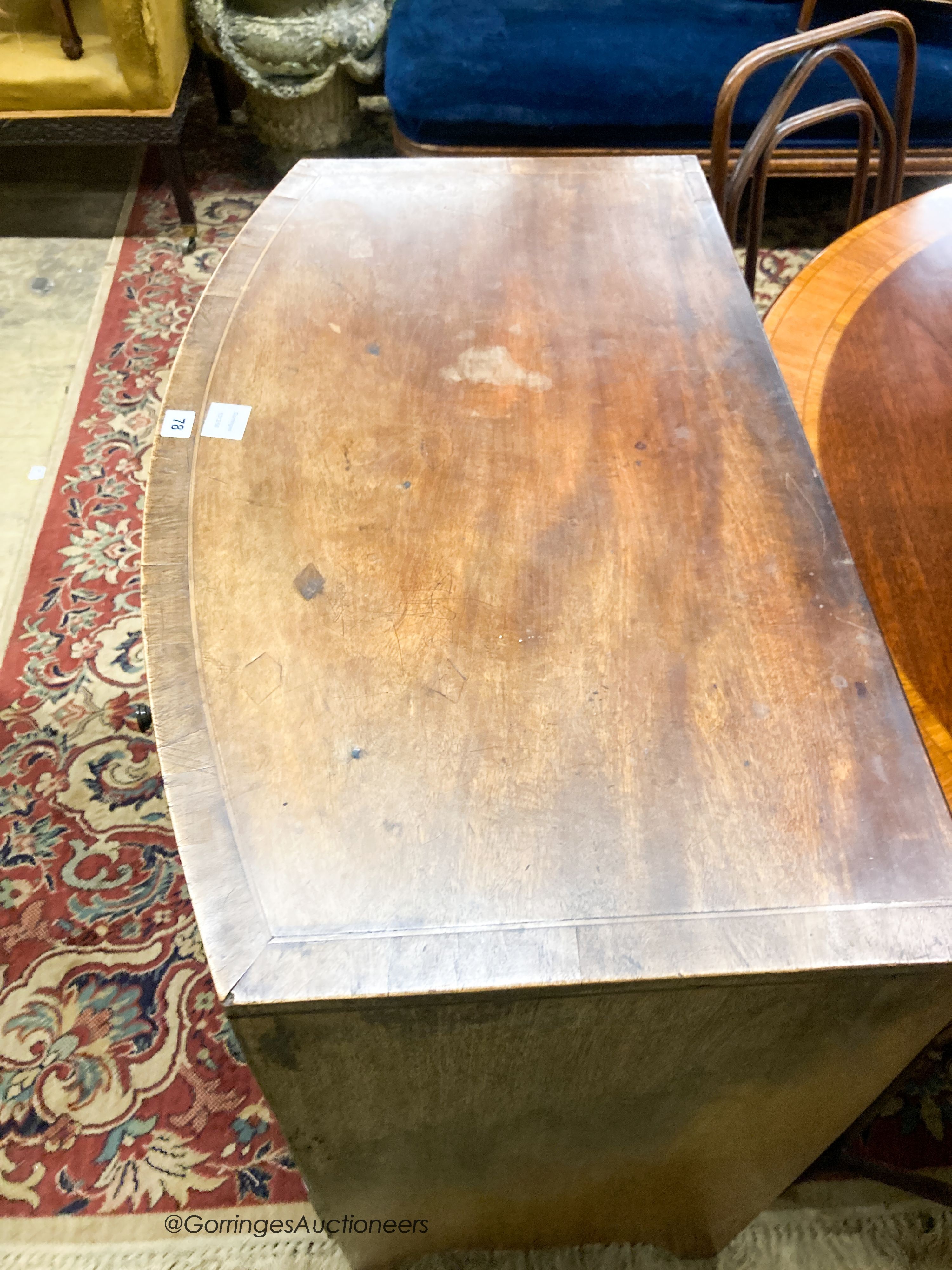 A Regency banded mahogany bowfront chest, width 91cm, depth 54cm, height 92cm